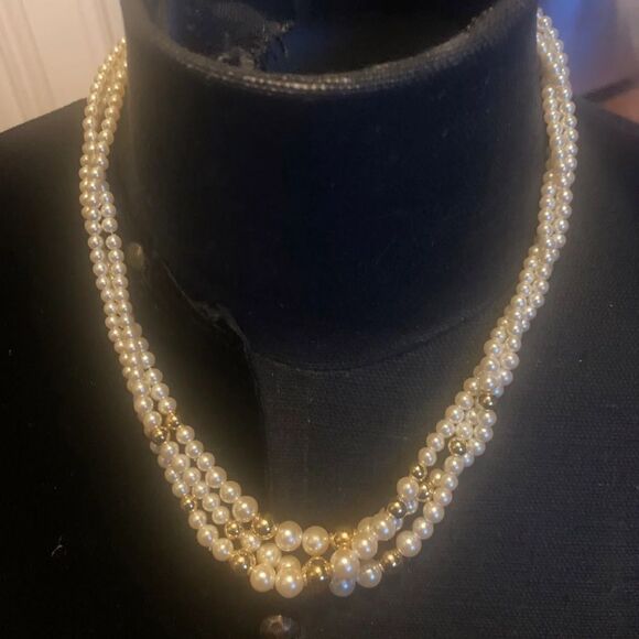 Napier Necklace 3 Strands Pearls and Gold Beads | Color: Gold | Size: 18.5 | - Picture 1 of 6